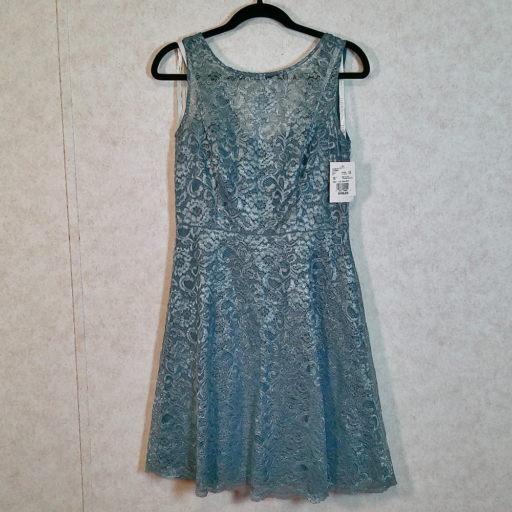 NWT David’s Bridal Steel Blue Short Lace Dress High Neck,V-Back, Lined Size 8